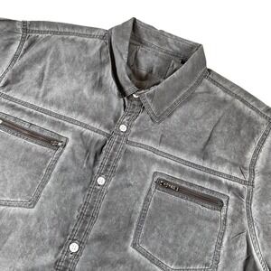 GUESS XXL Gray‎ Acid Wash Shirt Short Sleeve Button Up Zip Pockets Menswear